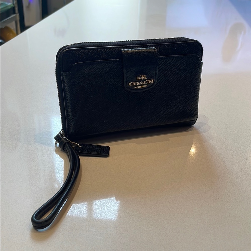 Coach Leather Wristlet Long Wallet, Front Phone Pouch, Zip Around, Black